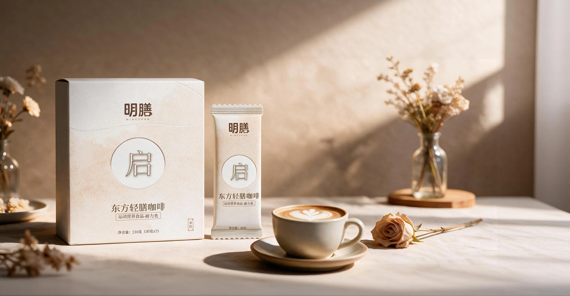 明膳启东方轻膳咖啡与独立包装陈列在温暖餐桌上